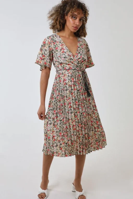 Wrap Front Pleated Hem Dress With Angel Sleeves