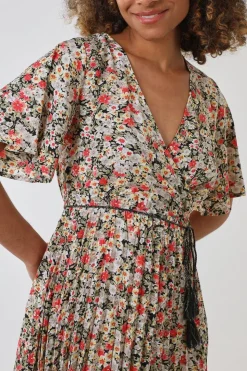 Wrap Front Pleated Hem Dress With Angel Sleeves