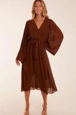 Wrap Front Pleated Sleeve Midi Dress
