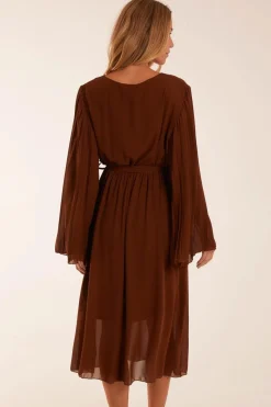 Wrap Front Pleated Sleeve Midi Dress
