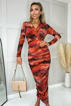 Wrap Top Mesh Long Sleeve Bodycon Midi Dress