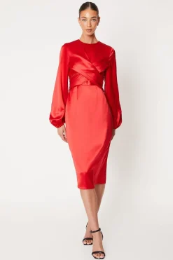 Wrap Waist Blouson Sleeve Midi Dress