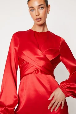 Wrap Waist Blouson Sleeve Midi Dress