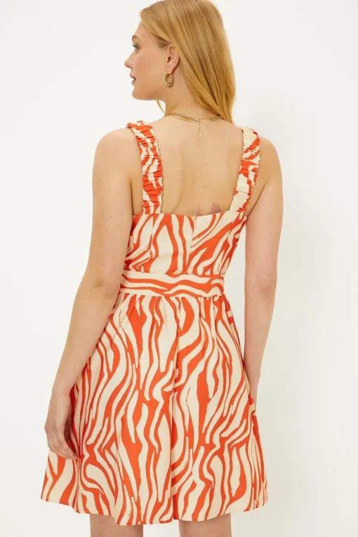 Zebra Ruched Strap Belted Mini Dress
